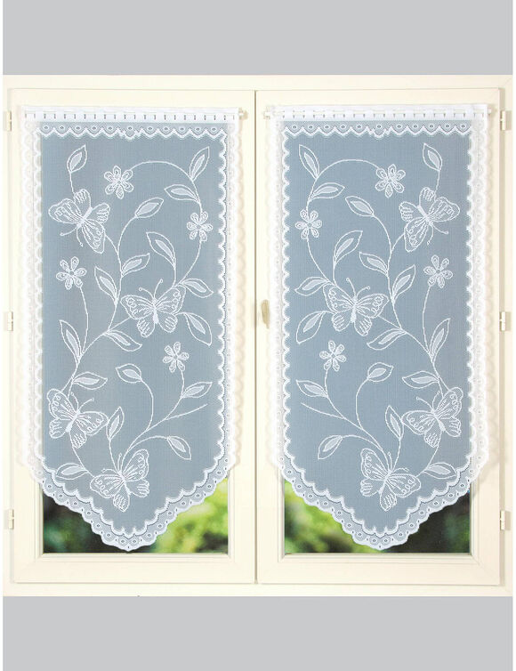 Vitrage droit pointe maille dentelle motif bucolique - la paire (blanc) Vitrage droit pointe maille dentelle motif bucolique - la paire (blanc)